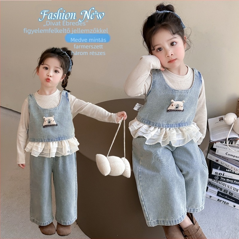 Lányoknak való denim három darabos szett, medvés mintával - hosszú ujjú felső, laza nadrág vállpántokkal, tavasz-ősz, 3–8 évesek