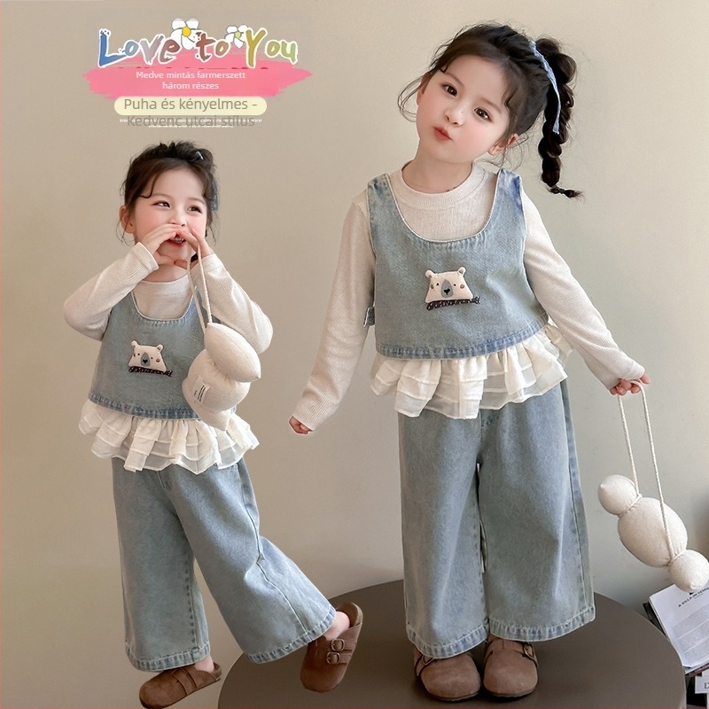 Lányoknak való denim három darabos szett, medvés mintával - hosszú ujjú felső, laza nadrág vállpántokkal, tavasz-ősz, 3–8 évesek