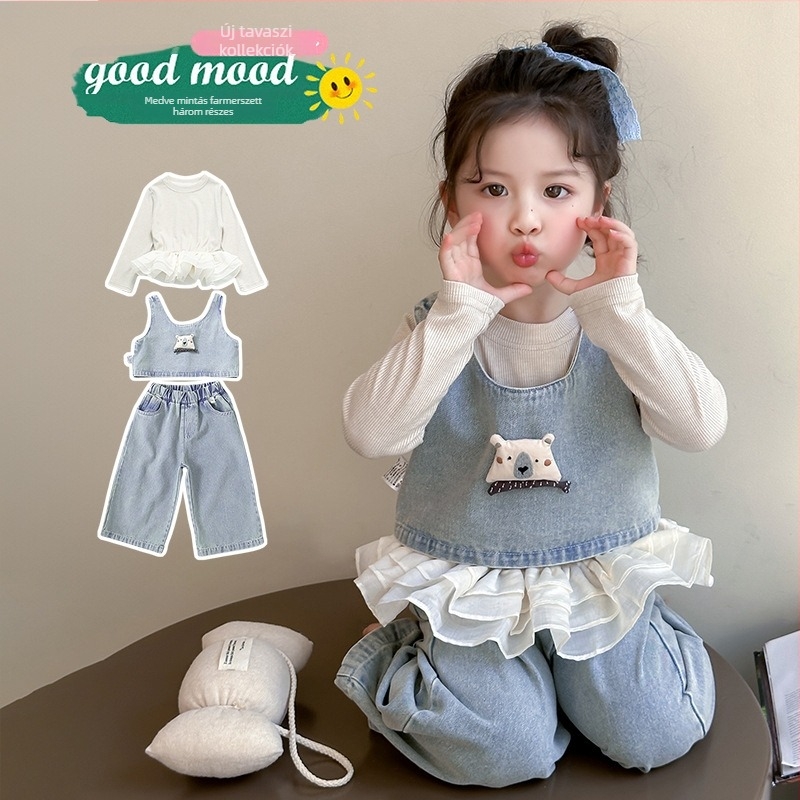 Lányoknak való denim három darabos szett, medvés mintával - hosszú ujjú felső, laza nadrág vállpántokkal, tavasz-ősz, 3–8 évesek