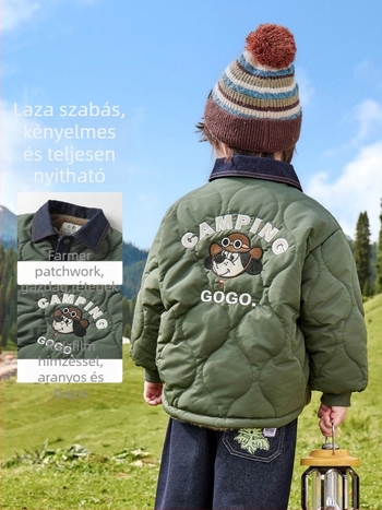 Fiúknak készült vastag poliészter kabát denim paneles díszítéssel, reveres gallér, rejtett gombos zárás, téli külső ruházat 3–8 éveseknek.