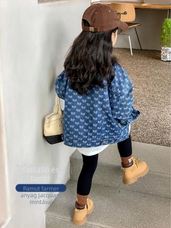Jacquard denim dzseki lányoknak, rövid szabású, galléros, hosszú ujjú, 3–8 éveseknek