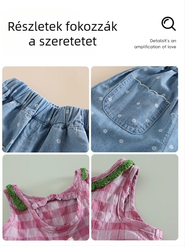 Koreai stílusú, két darabos baba/lány szett – ujjatlan felső és cropped farmernadrág, pamut, 1–3 éveseknek, nyár
