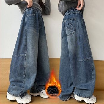 Lányoknak készült farmernadrág fleece belsővel, széles szárú, magas derekú, 69% gyapot, téli ruházat