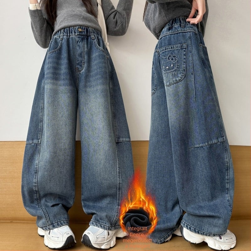 Lányoknak készült farmernadrág fleece belsővel, széles szárú, magas derekú, 69% gyapot, téli ruházat