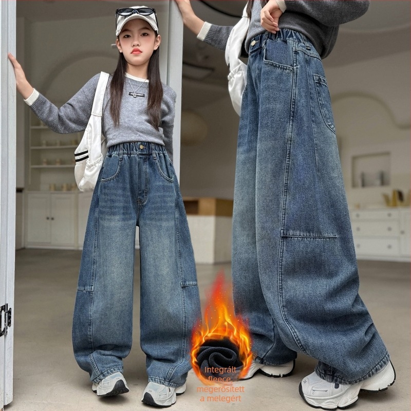 Lányoknak készült farmernadrág fleece belsővel, széles szárú, magas derekú, 69% gyapot, téli ruházat
