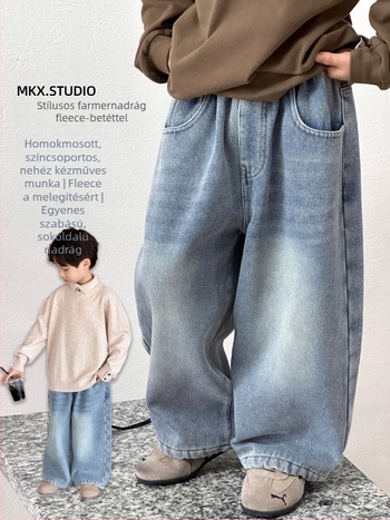 Fiúknak készült farmernadrág fleece-béléssel, koreai stílus, pamut denim, téli szezon, középtalpas derék gumis