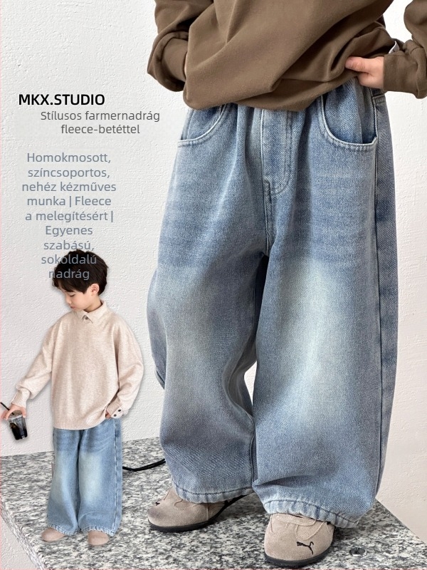Fiúknak készült farmernadrág fleece-béléssel, koreai stílus, pamut denim, téli szezon, középtalpas derék gumis
