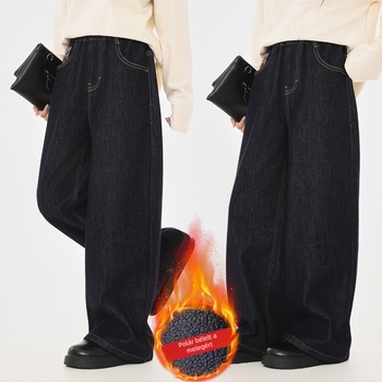 Gyerekeknek szóló kockás velúr-denim nadrág, egyenes szabás, 66,6% pamut, magas derék és elasztikus derékvonal, vastag téli modell 2025