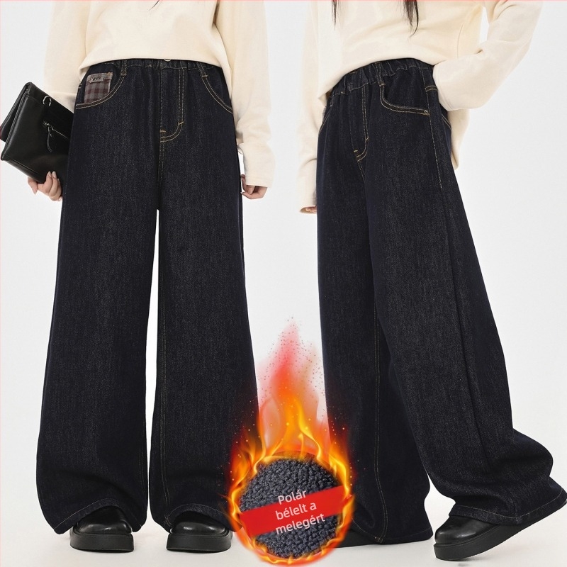 Gyerekeknek szóló kockás velúr-denim nadrág, egyenes szabás, 66,6% pamut, magas derék és elasztikus derékvonal, vastag téli modell 2025