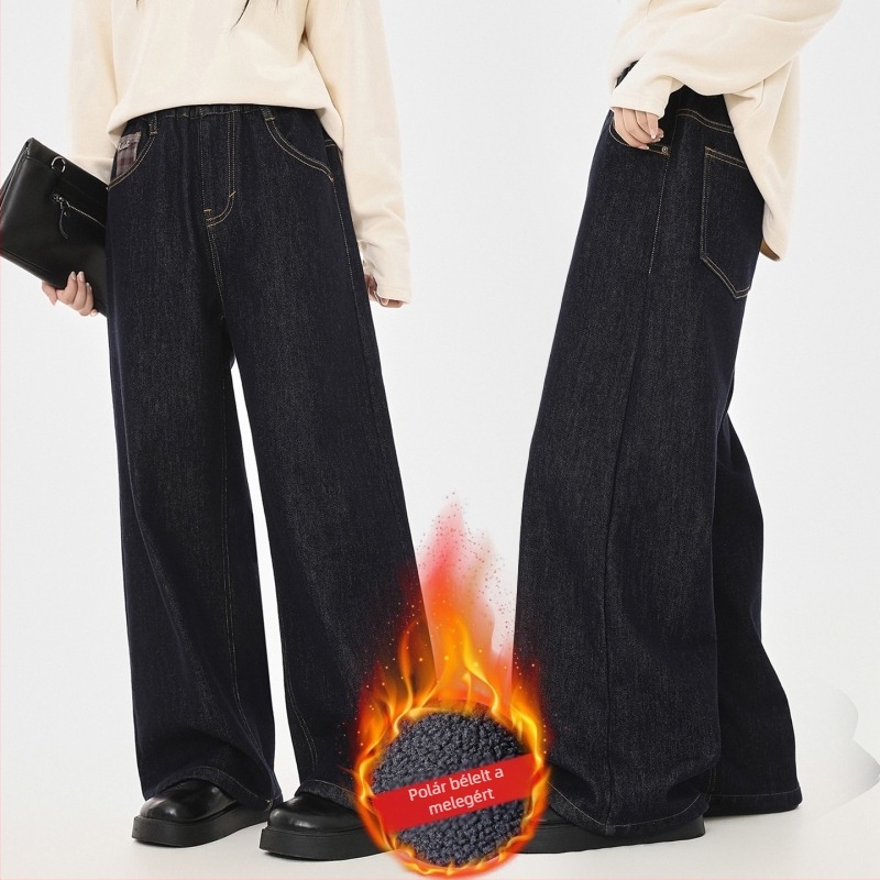 Gyerekeknek szóló kockás velúr-denim nadrág, egyenes szabás, 66,6% pamut, magas derék és elasztikus derékvonal, vastag téli modell 2025