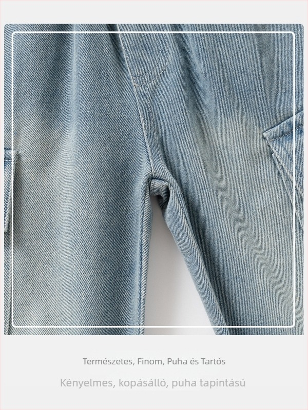 Fiúknak készül gyerek farmernadrág, koreai stílusú, denim, pamut 67%, 3–8 évesek, középtalpas derék, lágy feldolgozás, valós fotó