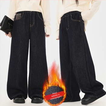 Lányoknak denim egyenes szabású nadrág, magas derékkal és elasztikus övvel, 66,6% pamut, tél 2025 (brit alapstílus)