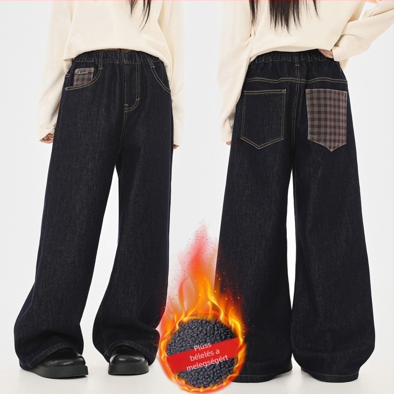 Lányoknak denim egyenes szabású nadrág, magas derékkal és elasztikus övvel, 66,6% pamut, tél 2025 (brit alapstílus)