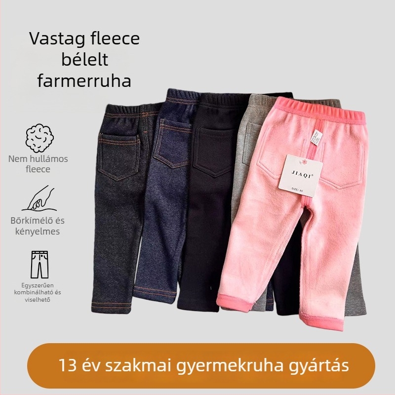 Gyerekeknek készült pamut denim nadrág, 95% pamut, középső derekú elasztikus övvel, egyszínű, téli, 3–8 évesek