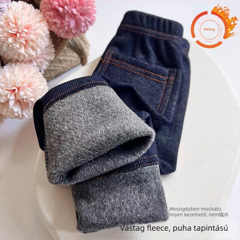 Gyerekeknek készült pamut denim nadrág, 95% pamut, középső derekú elasztikus övvel, egyszínű, téli, 3–8 évesek