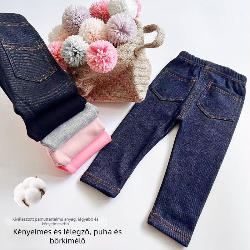 Gyerekeknek készült pamut denim nadrág, 95% pamut, középső derekú elasztikus övvel, egyszínű, téli, 3–8 évesek