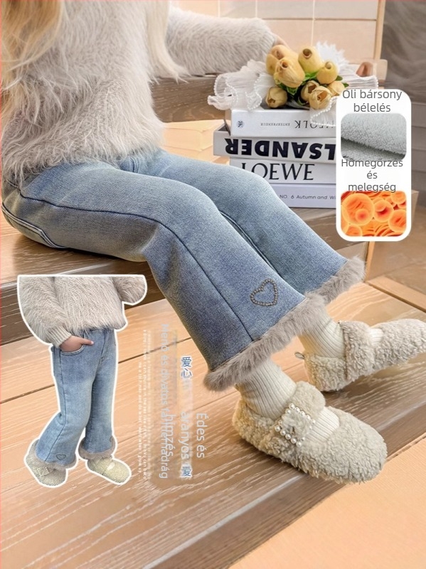 Lányoknak készült farmernadrág fleece-béléssel, széles szárú fazon, középmagas derekú, 90% pamut, lágy mosás.