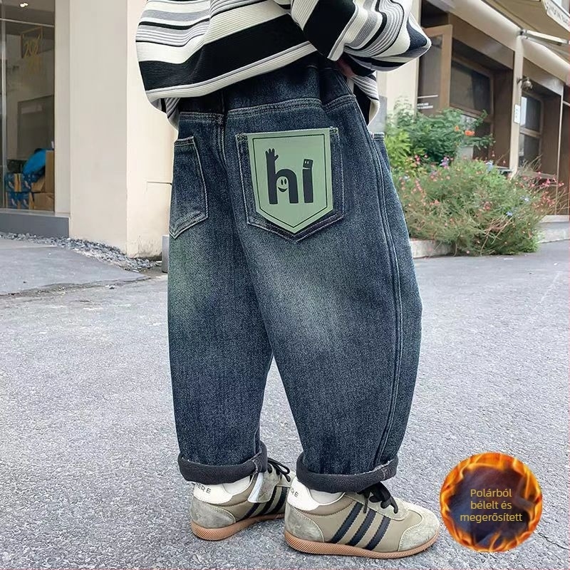 Kisfiúknak szóló farmernadrág, denim, koreai stílusú casual, fleece-béléssel, téli 2024, középmagas derék, elasztikus derék