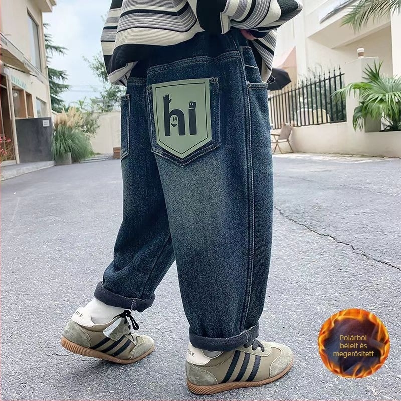 Kisfiúknak szóló farmernadrág, denim, koreai stílusú casual, fleece-béléssel, téli 2024, középmagas derék, elasztikus derék