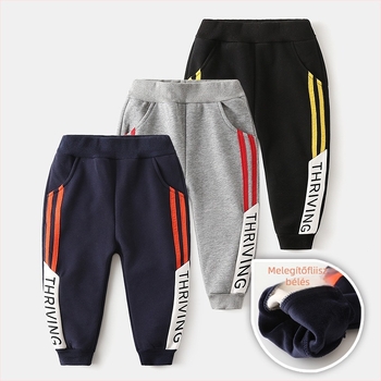 Fiúknak szóló fleece-vel bélelt sportnadrág, meleg téli viselet, pamutkeverék (65% pamut), alacsony derekú, elasztikus derékkal, 3–8 éveseknek