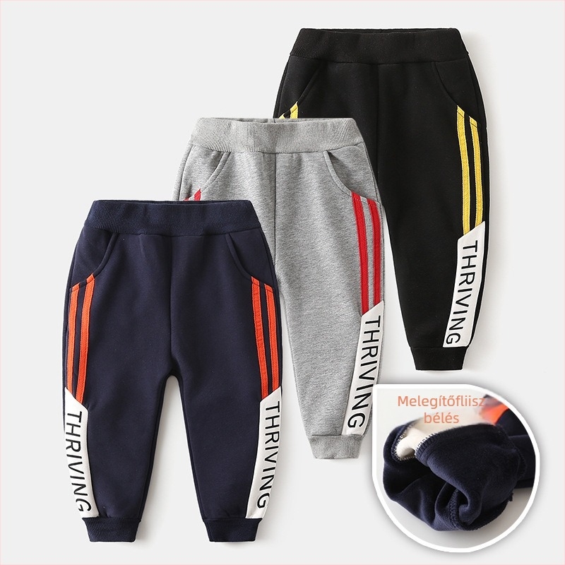 Fiúknak szóló fleece-vel bélelt sportnadrág, meleg téli viselet, pamutkeverék (65% pamut), alacsony derekú, elasztikus derékkal, 3–8 éveseknek