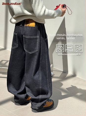 Fiúknak készült denim farmernadrág fleece béléssel, egyenes szárú, középső derék, elasztikus öv