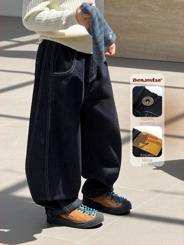 Fiúknak készült denim farmernadrág fleece béléssel, egyenes szárú, középső derék, elasztikus öv