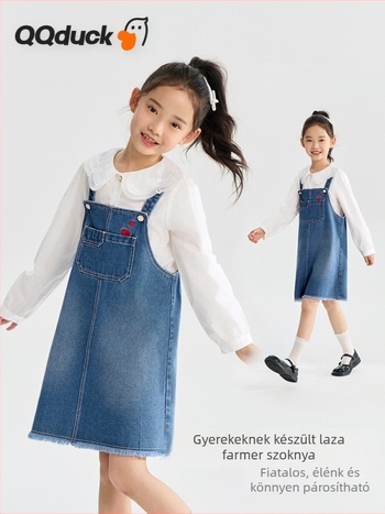 Lányoknak készült denim pántos szoknya - A-vonal, pamutkeverék anyag, tavasz 2025, 3–8 évesek