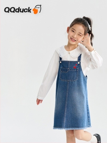 Lányoknak készült denim pántos szoknya - A-vonal, pamutkeverék anyag, tavasz 2025, 3–8 évesek