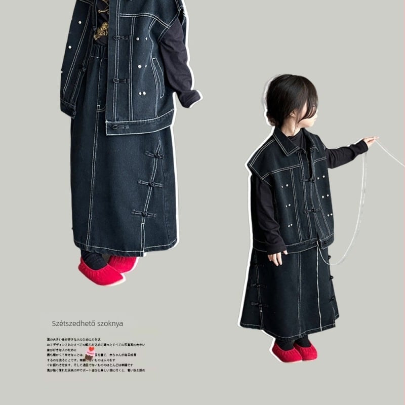 Lányoknak szánt új kínai stílusú denim szoknya, hosszú A-vonalú (Anyag: pamut; Stílus: denim; Szabás: A-vonal; Korcsoport: 3–8 év)