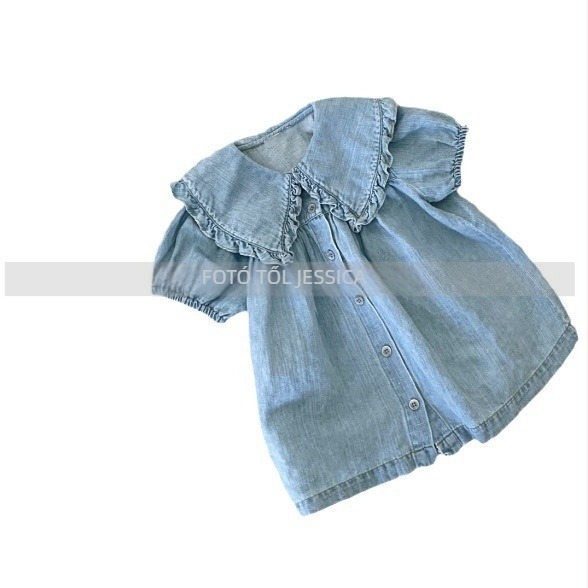 Lányoknak koreai stílusú denim ruha rövid ujjú, pamut 95%, hercegnő szabás, 3-8 éveseknek, tavasz-nyár