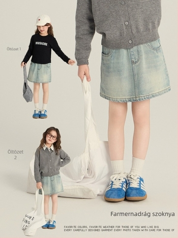Koreai stílusú denim szoknya lányoknak, A-vonal, 88% pamut, 9% poliészter, 3% viszkóz, nylonos bélés, 3–8 éveseknek
