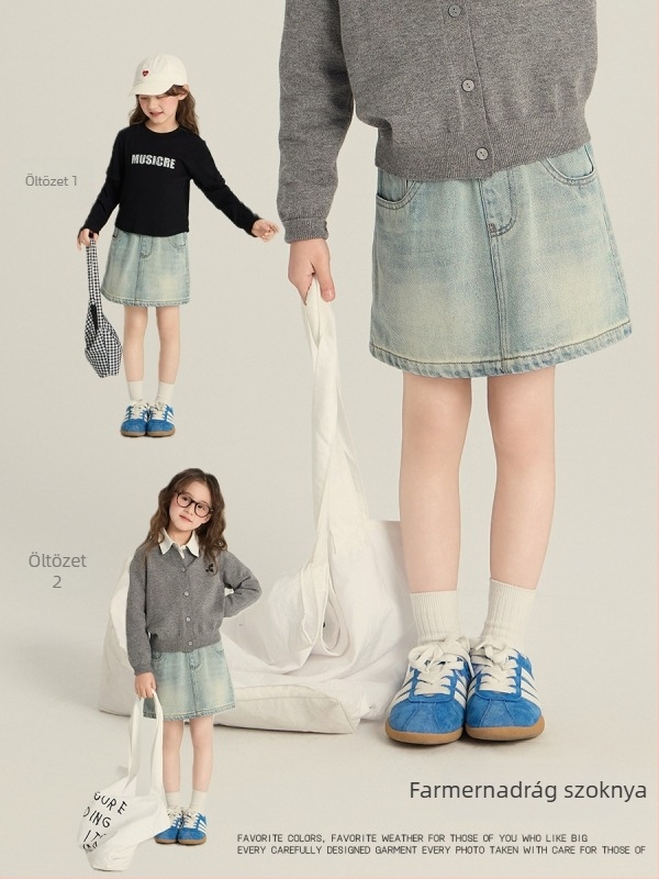 Koreai stílusú denim szoknya lányoknak, A-vonal, 88% pamut, 9% poliészter, 3% viszkóz, nylonos bélés, 3–8 éveseknek