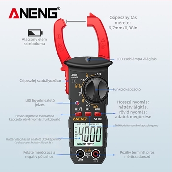 ANENG ST180 digitális clamp-mérő, AC/DC mérés, 600 V, 400 A, 40 MΩ, 4000 értékek