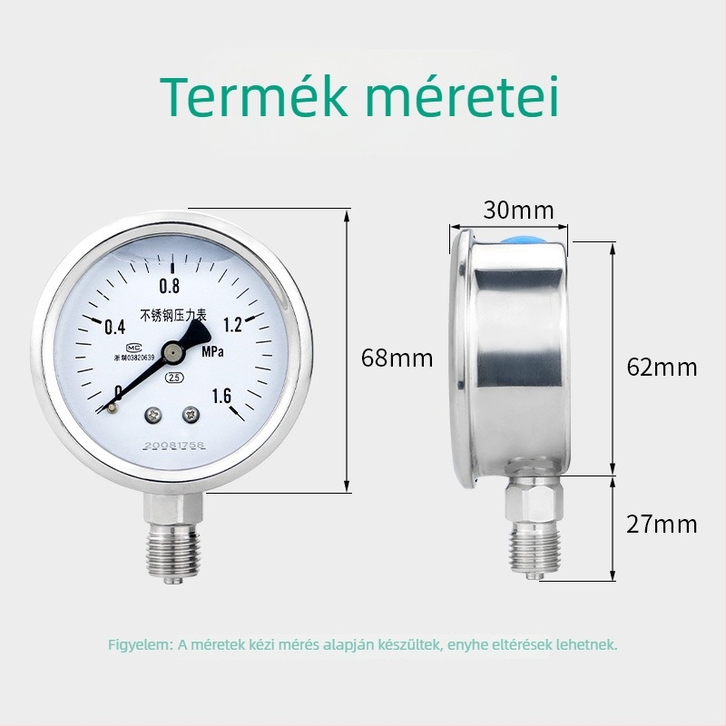 Rozsdamentes acél nyomásmérő, ütésálló, mérési tartomány 0-60, pontosság 2,5%/1,6%, menetes csatlakozás M14x1,5, környezeti hőmérséklet -40…200°C