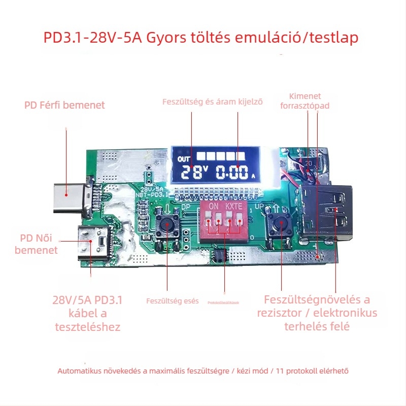 NBT-005 PD3.1 gyorstöltő teszter — PD3.1 protokoll olvasása, 28V, 5A, megjeleníti a feszültséget és az áramot