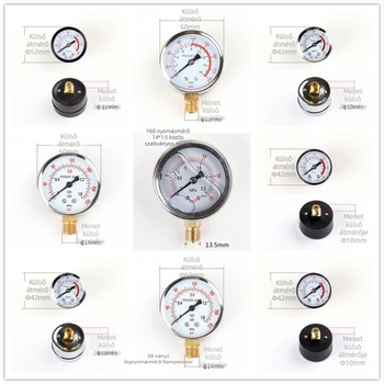 Diafragma nyomásmérő légkompresszorhoz, mérési tartomány 0–1.6 MPa, pontosság 0.1 MPa, menetes csatlakozás, Ø42 mm