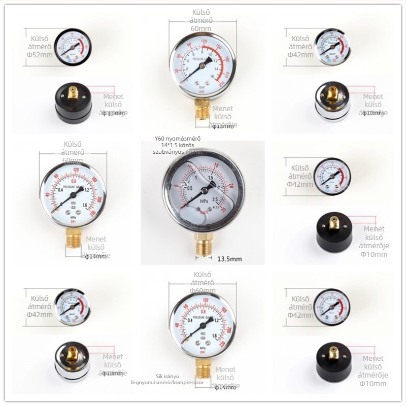 Diafragma nyomásmérő légkompresszorhoz, mérési tartomány 0–1.6 MPa, pontosság 0.1 MPa, menetes csatlakozás, Ø42 mm