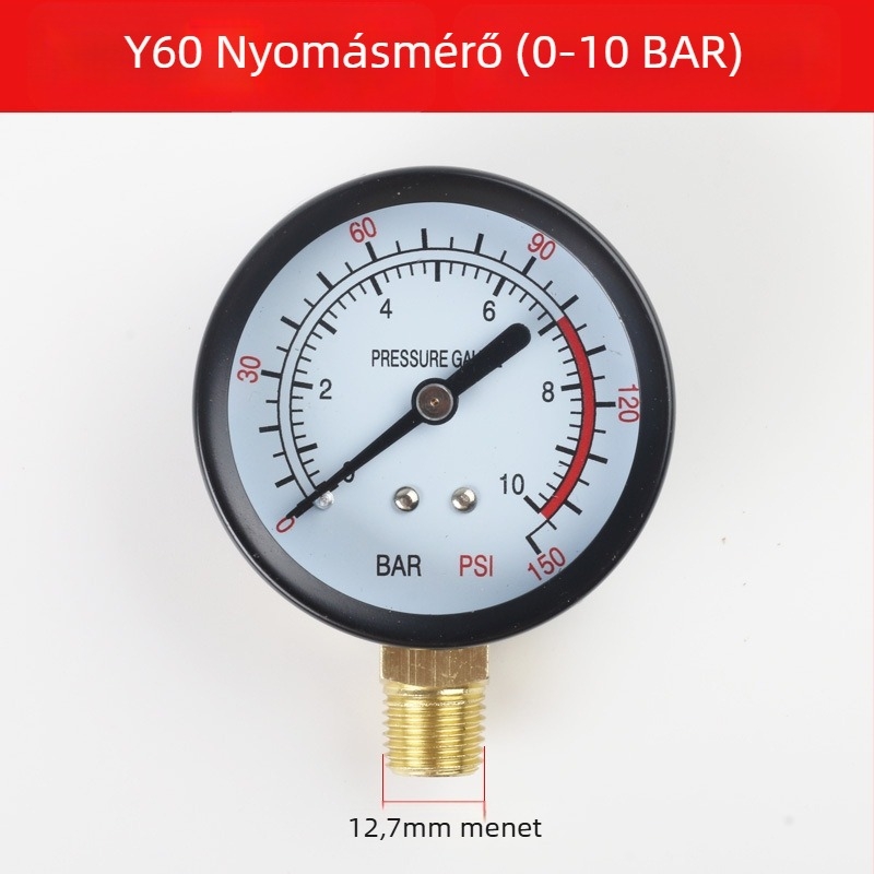 Diafragma nyomásmérő légkompresszorhoz, mérési tartomány 0–1.6 MPa, pontosság 0.1 MPa, menetes csatlakozás, Ø42 mm