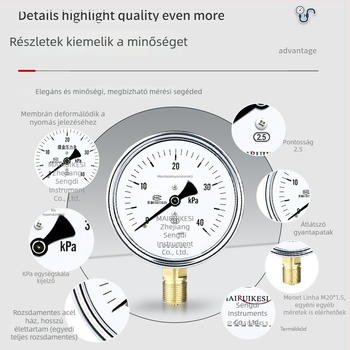 YE100 membrános nyomásmérő, átlátszó gyanta arcával, csatlakozás M20×1.5, tartomány -100…100 kPa, Pontossági osztály 2.5