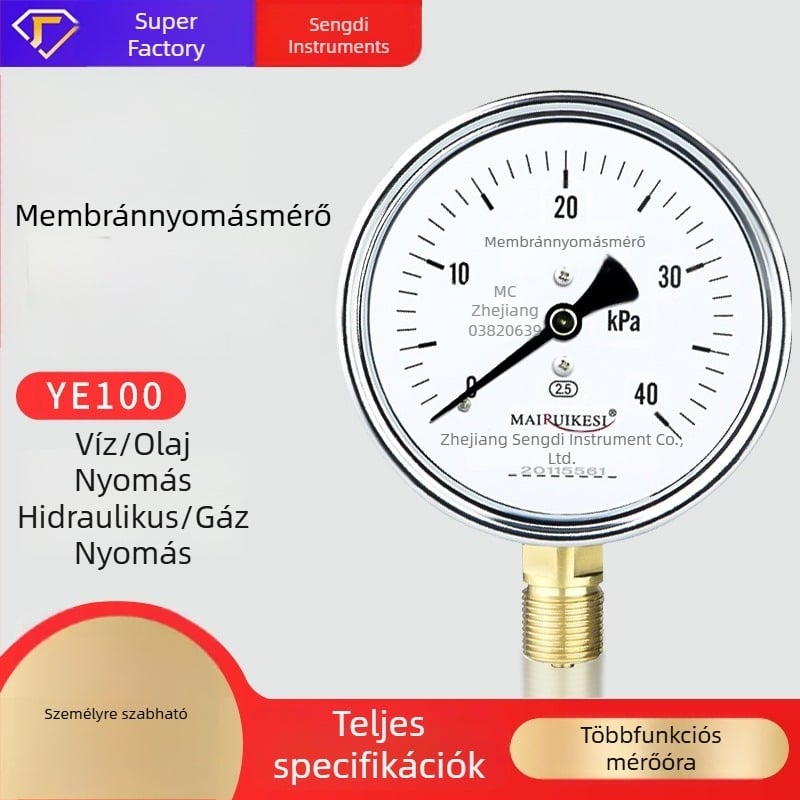 YE100 membrános nyomásmérő, átlátszó gyanta arcával, csatlakozás M20×1.5, tartomány -100…100 kPa, Pontossági osztály 2.5