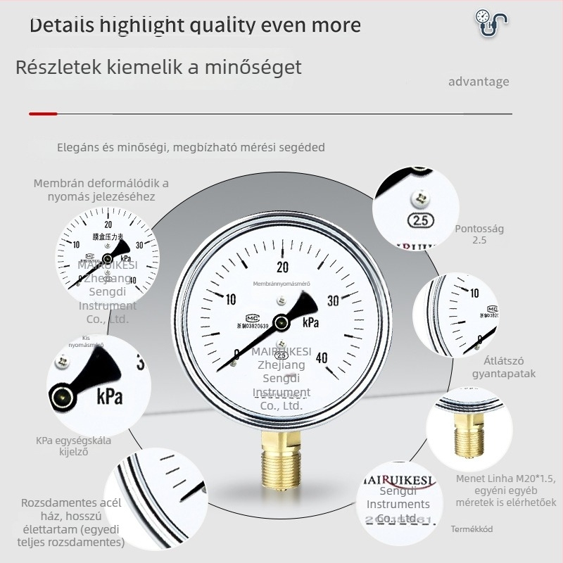 YE100 membrános nyomásmérő, átlátszó gyanta arcával, csatlakozás M20×1.5, tartomány -100…100 kPa, Pontossági osztály 2.5
