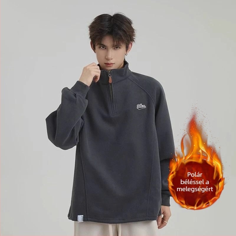 Férfi fleece pulóver állógallérral és cipzárral, fleece-béléssel, hosszú ujjú