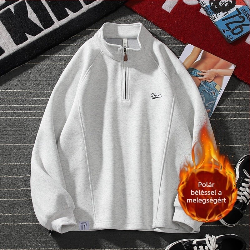 Férfi fleece pulóver állógallérral és cipzárral, fleece-béléssel, hosszú ujjú