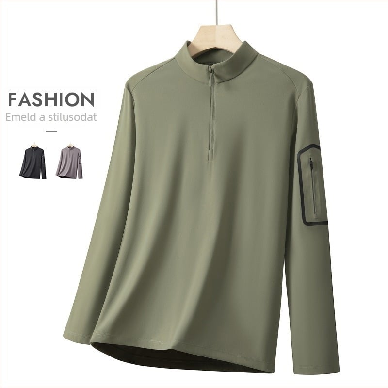 Férfi fél-zip fleece pulóver álló gallérral, fleece béléssel, fő anyag: nylon-keverék 75%, súly 250–300 g, patch zseb dizájn