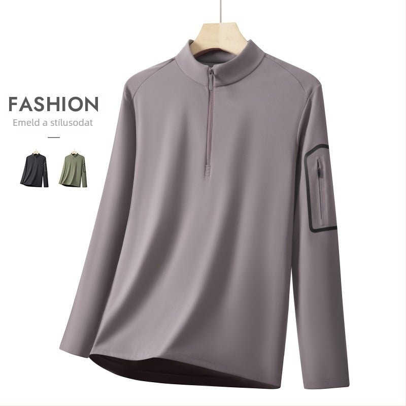 Férfi fél-zip fleece pulóver álló gallérral, fleece béléssel, fő anyag: nylon-keverék 75%, súly 250–300 g, patch zseb dizájn
