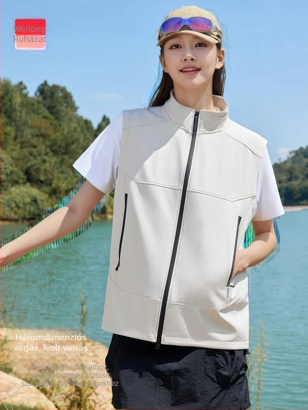 Fleecével bélelt soft-shell mellény, uniszex, ujjak nélküli, álló gallérral és cipzáras záródással, őszre