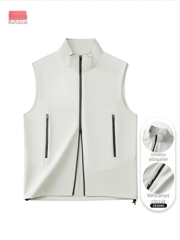Fleecével bélelt soft-shell mellény, uniszex, ujjak nélküli, álló gallérral és cipzáras záródással, őszre