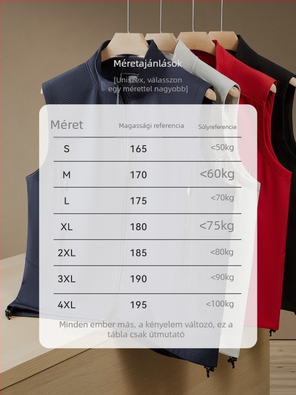 Fleecével bélelt soft-shell mellény, uniszex, ujjak nélküli, álló gallérral és cipzáras záródással, őszre