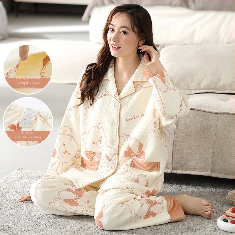 Kismama pizsama szett padding anyaggal, galléros, hosszú ujjú, nadrágos — szoptatásra és otthoni viseletre